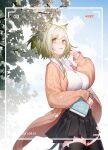  1girl absurdres alternate_costume animal_ear_fluff animal_ears arknights black_legwear black_skirt blue_sky book cardigan cat_ears chinese_commentary clouds cloudy_sky commentary_request cowboy_shot dated green_eyes green_hair highres holding holding_book kal&#039;tsit_(arknights) leaf lips looking_at_viewer open_cardigan open_clothes orange_cardigan outdoors pleated_skirt shirt short_hair sidelocks skirt sky solo thigh-highs thighs tree viewfinder white_shirt wyc_zz 