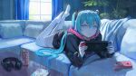  1girl black_hoodie blue_hair blue_nails can canned_coffee commentary_request controller couch curtains eyebrows_visible_through_hair feet_up food food_in_mouth full_body game_controller hatsune_miku headphones headphones_removed highres holding holding_controller holding_game_controller hood hoodie indoors light_blush long_hair long_sleeves looking_at_viewer lying nintendo_switch no_shoes on_couch on_stomach pink_hood plant pocky potted_plant solo thigh-highs twintails vertigris vocaloid white_legwear window 