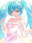  1girl bangs bare_arms bare_shoulders blue_eyes blue_hair cake cake_slice choker collarbone commentary_request dress eyebrows_visible_through_hair flower food fork fruit hair_between_eyes hair_flower hair_ornament hairclip happy_birthday hatsune_miku highres holding holding_fork holding_plate kiki-yu long_hair pink_choker pink_dress pink_flower plate simple_background sleeveless sleeveless_dress solo strawberry twintails very_long_hair vocaloid white_background 