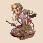  1girl blonde_hair blush camouflage camouflage_jacket camouflage_print caterpillar_tracks gloves goggles goggles_on_head ground_vehicle highres jacket light_blue_hair military military_vehicle motor_vehicle murai-renji original solo tan_background tank tank_helmet twintails 