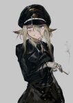  1girl animal_ears bangs black_coat black_headwear black_neckwear blonde_hair blue_eyes cigarette coat grey_background grin hair_between_eyes hat heterochromia highres holding holding_cigarette kureta_(nikogori) light_blue_eyes long_sleeves necktie original peaked_cap prosthesis prosthetic_arm scar short_hair_with_long_locks simple_background smile smoke smoking solo upper_body 