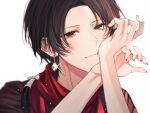  1boy absurdres brown_hair earrings hand_on_own_cheek hand_on_own_face head_rest highres huge_filesize jewelry kashuu_kiyomitsu male_focus mole mole_under_mouth ponytail red_eyes red_nails red_scarf scarf smile sparkle touken_ranbu upper_body yonemaru 
