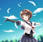  1girl bodysuit brown_hair clouds feathers furutaka_(kancolle) glowing glowing_eye hair_ornament hairclip heterochromia kantai_collection looking_to_the_side neruhi open_mouth sailor_collar short_hair skirt sky smile solo tree 