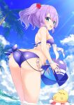  1girl :d ass azur_lane back ball bangs bare_arms beachball bikini blue_bikini blue_sky bracelet breasts coconut_tree day flower frilled_bikini frills green_eyes hair_between_eyes hair_flower hair_ornament highres holding holding_ball holding_beachball innertube javelin_(azur_lane) javelin_(beach_picnic!)_(azur_lane) jewelry manjuu_(azur_lane) mountainous_horizon open_mouth outdoors palm_tree shinko_gunsei shoulder_blades sky small_breasts smile solo swimsuit thighs tree twintails v-shaped_eyebrows violet_eyes wading wet 