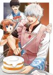  1girl 2boys :d absurdres apron black_eyes black_hair blue_eyes border bun_cover cake double_bun food food_print gintama glasses highres japanese_clothes kagura_(gintama) kimono long_sleeves multiple_boys open_mouth orange_hair orange_shirt outside_border pink_apron sakata_gintoki shimura_shinpachi shinomy shirt short_hair short_sleeves silver_hair smile standing strawberry_print sweatdrop white_border white_kimono 