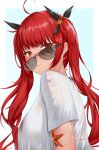  1girl absurdres artist_name azur_lane bangs blush breasts closed_mouth eyebrows_visible_through_hair from_side glasses highres honolulu_(azur_lane) ichikushi_mojibake large_breasts long_hair looking_at_viewer looking_to_the_side red_eyes redhead shirt simple_background solo starfish sunglasses twintails wet wet_clothes wet_shirt white_shirt 