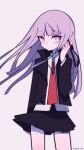  1girl 2day1jun absurdres black_jacket black_skirt dangan_ronpa_(series) hair_flowing_over hand_in_hair hand_on_ear highres jacket kirigiri_kyouko long_hair necktie pink_eyes pink_hair red_neckwear shirt simple_background skirt solo white_background white_legwear white_shirt 