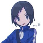  1boy asagiri_kogen black_hair blue_jacket calem_(pokemon) commentary_request eyebrows_visible_through_hair grey_eyes high_collar highres jacket looking_to_the_side male_focus open_mouth pokemon pokemon_(game) pokemon_xy short_hair smile solo strap tongue upper_body zipper_pull_tab 