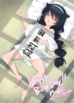  1girl barefoot black_hair blush closed_eyes collarbone cosplay eyebrows_visible_through_hair girls_und_panzer hair_ornament hairband happy_birthday highres jahy jahy_(cosplay) jahy_sama_wa_kujikenai kuzuryuu_kennosuke long_hair lying on_back open_mouth pillow reizei_mako saliva shiny shiny_hair shirt sleeping white_shirt 