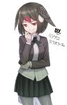  1girl bird_girl bird_tail bird_wings black_hair black_neckwear black_skirt blush collared_shirt commentary_request cowboy_shot eyebrows_visible_through_hair greater_honeyguide_(kemono_friends) grey_jacket grey_legwear hair_between_eyes head_wings highres jacket kemono_friends kosai_takayuki long_sleeves multicolored_hair orange_eyes pantyhose pleated_skirt redhead shirt short_hair skirt smile solo tail white_hair white_shirt wings 