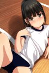  1girl absurdres bangs black_hair blue_buruma blush brown_eyes buruma closed_mouth eyebrows_visible_through_hair feet_out_of_frame gym_shirt gym_uniform highres knee_up looking_at_viewer matsunaga_kouyou nose_blush on_floor original ponytail shirt short_sleeves smile solo white_shirt wooden_floor 