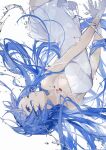  1girl bare_shoulders blue_eyes blue_hair cherry chi4 crossed_arms dress expressionless food fruit gloves highres long_hair open_mouth original signature simple_background solo splashing upside-down white_background white_dress white_gloves 