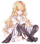  1girl bangs between_legs black_footwear black_legwear black_skirt blonde_hair blush boots breasts commentary_request crossed_ankles eyebrows_visible_through_hair frilled_skirt frills full_body hair_between_eyes hand_between_legs highres kirisame_marisa knees_up long_hair nanase_nao parted_lips puffy_short_sleeves puffy_sleeves shirt short_sleeves skirt small_breasts solo thigh-highs thighhighs_under_boots touhou very_long_hair white_background white_shirt yellow_eyes 