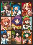  6+girls ? anger_vein animal_ears animal_on_head apron armband bell black_eyes black_hair blonde_hair blue_bow blue_eyes blue_hair blue_skirt bow bowtie braid brown_eyes brown_hair brown_headwear brown_vest buttons character_name checkered closed_eyes clothes_writing commentary_request cup eyebrows_visible_through_hair frilled_hat frilled_shirt frilled_shirt_collar frilled_sleeves frills futatsuiwa_mamizou glasses green_hair green_headwear hair_bell hair_bow hair_bun hair_ornament hat hat_ornament heart highres hinanawi_tenshi holding hong_meiling houraisan_kaguya howhow_notei izayoi_sakuya japanese_clothes kimono kurokoma_saki leaf leaf_on_head long_hair long_sleeves looking_at_viewer maid_headdress medium_hair motoori_kosuzu multicolored_hair multiple_girls mushroom musical_note neckerchief niwatari_kutaka on_head open_mouth orange_eyes orange_hair pink_kimono plant potted_plant puffy_long_sleeves puffy_sleeves purple_hair raccoon_ears red_eyes romaji_text round_eyewear scissors shiki_eiki shirt short_hair short_sleeves shoulder_pads skirt slit_pupils sparkle squiggle star_(symbol) star_hat_ornament star_sapphire stuffed_animal stuffed_toy sweatdrop tanuki tea teacup thumbs_up tied_hair touhou turtleneck twin_braids two_side_up v vest white_hair white_shirt wide_sleeves wing_collar yasaka_kanako 