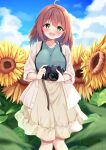  1girl ahoge blush brown_eyes brown_hair camera collarbone female flower green_eyes hair_between_eyes highres holding holding_camera looking_at_viewer open_mouth original short_hair skirt solo sunflower syurimp 