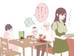  1boy 3girls bangs bare_arms black_hair breasts chair collared_shirt commentary_request couch dress eating eyebrows_visible_through_hair food fork from_side glass glasses green_dress green_shirt hairband highres holding holding_fork holding_knife kamishiro_rize kaneki_ichika kaneki_ken kirishima_touka knife long_hair menu multicolored_hair multiple_girls open_mouth plate red_eyes restaurant shirt short_hair sitting table tokyo_ghoul toukaairab tray two-tone_hair waitress white_background white_shirt 