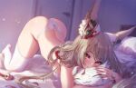  1girl :o all_fours animal_ears ass bangs bare_hips bra breasts ear_ornament grey_hair hug kneeling looking_at_viewer mitsu_(mitsu_art) nia_(xenoblade) panties pillow pillow_hug solo thigh-highs top-down_bottom-up underwear white_bra white_legwear white_panties xenoblade_chronicles_(series) xenoblade_chronicles_2 yellow_eyes 