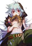  1boy ? absurdres antenna_hair bandages bangs genshin_impact green_pants grey_hair hair_between_eyes hand_on_own_chest highres hood hood_up long_hair looking_at_viewer male_focus mouth_hold navel pants razor_(genshin_impact) red_eyes scar scar_on_arm scar_on_chest scar_on_face shadow simple_background solo twitter_username u0rei white_background 