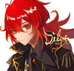  1boy absurdres bangs black_jacket black_neckwear character_name closed_mouth copyright_name diluc_(genshin_impact) genshin_impact hair_between_eyes highres jacket long_hair looking_at_viewer male_focus ponytail red_eyes redhead simple_background solo u0rei white_background 