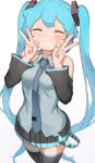 1girl abmayo absurdres aqua_hair bangs bare_shoulders black_legwear breasts commentary_request detached_sleeves double_v facing_viewer grin hair_ornament hands_up hatsune_miku highres long_hair necktie skirt sleeveless smile solo thigh-highs twintails v very_long_hair vocaloid 