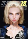  1girl android_18 barcode blonde_hair blue_eyes close-up cover cyborg denim denim_jacket dragon_ball dragon_ball_z earrings english_commentary english_text etama_quomo fake_magazine_cover jacket jewelry looking_at_viewer magazine_cover mechanical_parts shirt short_hair torn_clothes torn_shirt translation_request 