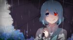  1girl :q bangs blue_eyes blue_flower blue_hair blue_vest blurry blurry_background bright_pupils closed_mouth clouds cloudy_sky commentary_request flower glowing glowing_eyes hair_between_eyes hand_up heterochromia holding holding_umbrella licking_lips light_blue_hair long_sleeves looking_at_viewer oil-paper_umbrella outdoors overcast popped_collar portrait rain red_eyes shirt short_hair sidelocks sky smile solo tatara_kogasa terimayo tongue tongue_out torn_umbrella touhou umbrella vest white_pupils white_shirt 