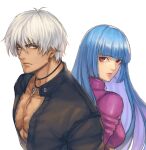  1boy 1girl blue_eyes bodysuit breasts cross cross_necklace eyebrows_visible_through_hair jacket jewelry k&#039;_(kof) kthovhinao_virmi kula_diamond leather leather_jacket long_hair looking_at_viewer necklace open_clothes open_jacket red_eyes simple_background small_breasts tan the_king_of_fighters upper_body violet_eyes white_background white_hair 