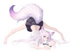  1girl absurdres animal_ear_fluff animal_ears antenna_hair bare_legs barefoot black_skirt breast_press breasts closed_mouth clothing_cutout commentary_request fox_ears fox_girl fox_tail full_body hair_intakes highres jack-o&#039;_challenge kirby_d_a large_tail long_hair looking_at_viewer medium_breasts miniskirt original pleated_skirt shirt short_sleeves silver_hair simple_background skirt smile solo spread_legs tail tail_cutout top-down_bottom-up very_long_hair violet_eyes white_background white_shirt 