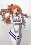 1girl blue_eyes breasts commentary covered_navel evangelion:_3.0+1.0_thrice_upon_a_time eyepatch fadingz gloves grey_background highres light_smile long_hair looking_at_viewer medium_breasts neon_genesis_evangelion orange_hair parted_lips pixiv_id plugsuit rebuild_of_evangelion revision signature solo souryuu_asuka_langley standing thighs white_gloves 