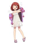  :3 :d alternate_breast_size animal_slippers armpits bare_legs bare_shoulders blush blush_stickers bob_cut commentary_request dress flat_chest hands_up highres idolmaster idolmaster_million_live! itohari_(mamiiori1) jacket jacket_partially_removed nonohara_akane one_eye_closed open_mouth purple_jacket see-through_silhouette simple_background sleeveless sleeveless_dress slippers smile white_background white_dress 