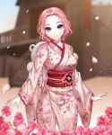  1girl absurdres arms_at_sides blue_eyes blurry blurry_background breasts closed_mouth commission day depth_of_field floral_print flower highres japanese_clothes kimono looking_at_viewer obi obiage original outdoors petals pink_flower pink_hair pink_kimono sash short_hair smile solo standing wide_sleeves yukata zetto_(zet) 