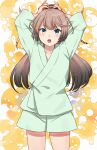  1girl absurdres arms_up bangs bathrobe blue_eyes blush brown_hair commentary_request commission eyebrows_visible_through_hair gradient_hair hair_ribbon highres huge_filesize kanmiya_shinobu kantai_collection kazagumo_(kancolle) long_hair multicolored_hair open_mouth pixiv_request ponytail ribbon short_sleeves simple_background solo 