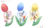  alternate_color blue_eyes blue_flower character_name colored_sclera commentary_request flower froslass gen_4_pokemon hands_up highres holding holding_flower looking_at_another no_humans pink_eyes pokemon pokemon_(creature) red_flower sasabunecafe yellow_eyes yellow_flower yellow_sclera 