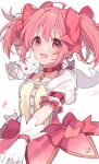  1girl :d ahoge bow chiri_(ch!) gloves hair_ornament hair_ribbon kaname_madoka kyubey magical_girl mahou_shoujo_madoka_magica open_mouth pink_bow pink_eyes pink_hair ribbon short_hair short_twintails simple_background smile solo twintails white_background white_gloves 