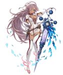  1girl blue_eyes boots breasts cinderella_(sinoalice) dark_skin elbow_gloves full_body gloves hair_over_one_eye hat ji_no large_breasts long_hair looking_at_viewer nurse nurse_cap official_art purple_hair sinoalice solo syringe thigh-highs thigh_boots transparent_background very_long_hair white_gloves white_legwear 