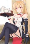 1girl blonde_hair bow bowtie cake cake_slice crossed_legs detached_sleeves food gamryous garter_straps girls_frontline gloves highres holding holding_tray long_hair maid maid_headdress ponytail red_eyes sitting solo sv-98_(girls_frontline) tea_set thigh-highs tray 
