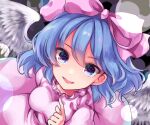  1girl bangs blue_eyes blue_hair bow breasts commentary_request dark_background dress eyebrows_visible_through_hair feathered_wings frills fuyoyo hair_between_eyes hair_bow highres index_finger_raised looking_at_viewer mai_(touhou) medium_breasts medium_hair parted_lips pink_bow pink_dress simple_background smile solo touhou touhou_(pc-98) upper_body wings 