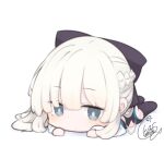  1girl beni_shake black_bow black_legwear black_leotard bow braid chibi closed_mouth commentary_request fate/grand_order fate_(series) full_body grey_eyes grey_hair hair_bow leotard long_hair long_sleeves looking_at_viewer lying morgan_le_fay_(fate) no_shoes on_stomach shadow signature solo thigh-highs very_long_hair white_background 