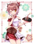  1girl bendy_straw brown_eyes brown_hair bubble_tea bun_cover chinese_clothes double_bun drinking drinking_straw holding holding_tray kantai_collection official_alternate_costume one_eye_closed remodel_(kantai_collection) sharasohju short_hair skirt solo tan_yang_(kancolle) tray yukikaze_(kancolle) 