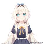  1girl alternate_costume an-94_(girls_frontline) artist_name bangs black_dress blonde_hair blue_eyes blue_ribbon bow commentary_request dress ge_zhong_kuaile girls_frontline hair_between_eyes hair_bow hair_over_shoulder hairband juliet_sleeves long_hair long_sleeves looking_at_viewer puffy_sleeves ribbon short_sleeves solo upper_body white_background yellow_neckwear yellow_ribbon younger 