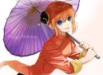  1girl blue_eyes bun_cover china_dress chinese_clothes closed_mouth dress eyebrows_visible_through_hair gintama hair_between_eyes happy_birthday highres holding holding_umbrella kagura_(gintama) long_sleeves oil-paper_umbrella orange_hair purple_umbrella red_dress shinomy shiny shiny_hair short_hair simple_background smile solo umbrella white_background 