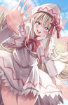  1girl blonde_hair blue_eyes blush bow breasts dress fairy_wings frilled_dress frills hair_between_eyes happy hat hat_bow lily_white long_sleeves looking_at_viewer maboroshi_mochi red_bow sash sidelocks small_breasts solo thighs touhou upper_teeth white_sleeves wide_sleeves wings 