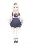  1girl alternate_costume an-94_(girls_frontline) artist_name bangs black_dress blonde_hair blue_eyes blue_ribbon bow commentary_request dress dress_bow full_body ge_zhong_kuaile girls_frontline hair_between_eyes hair_bow hair_over_shoulder hairband juliet_sleeves long_hair long_sleeves looking_at_viewer puffy_sleeves ribbon shoes short_sleeves socks solo white_background yellow_neckwear yellow_ribbon younger 