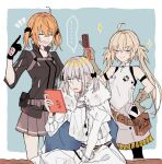  ... 1boy 2girls ahoge artoria_pendragon_(caster)_(fate) artoria_pendragon_(fate) blonde_hair closed_eyes fate/grand_order fate_(series) fujimaru_ritsuka_(female) gloves hair_brush highres mirror multiple_girls oberon_(fate) orange_hair polar_chaldea_uniform shirt silver_hair skirt sleeveless sleeveless_shirt smile twintails 