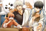  1girl 2boys :d black_hair black_shirt blue_eyes bun_cover china_dress chinese_clothes collarbone cookie cup double_bun dress eating elbow_rest food gintama glasses highres holding holding_cup japanese_clothes kagura_(gintama) kimono looking_at_viewer multiple_boys open_mouth orange_dress orange_hair sakata_gintoki shimura_shinpachi shinomy shiny shiny_hair shirt short_hair silver_hair smile white_kimono 