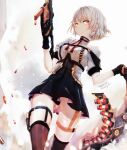  1girl absurdres ass_visible_through_thighs bangs black_gloves black_skirt blurry blurry_background breasts brown_eyes brown_hair brown_legwear bullet closed_mouth commentary_request depth_of_field eyebrows_visible_through_hair girls_frontline gloves gun hair_between_eyes highres holding holding_gun holding_weapon huge_filesize kriss_vector looking_at_viewer medium_breasts nekoya_(liu) panties pleated_skirt puffy_short_sleeves puffy_sleeves revision shirt short_sleeves signature skirt solo standing submachine_gun thigh-highs underwear vector_(girls_frontline) weapon white_panties white_shirt 