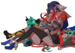  2girls animal_ears blue_eyes blue_hair blush bow bow_earrings chain closed_eyes controller earrings eyebrows_visible_through_hair hair_between_eyes hakos_baelz high_heels holding holding_controller hololive hololive_english jewelry mamaloni mouse_ears mouse_girl mouse_tail multiple_girls open_mouth ouro_kronii redhead sharp_teeth short_hair simple_background sitting tail teeth thigh-highs white_background 