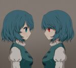  1girl arinu bangs blue_eyes blue_hair closed_mouth eyebrows_visible_through_hair facing_another from_side gradient gradient_background grey_background heterochromia highres juliet_sleeves long_sleeves multiple_views puffy_sleeves red_eyes short_hair smile tatara_kogasa touhou upper_body 