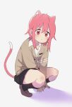  1girl :&lt; absurdres animal_ears bangs black_legwear black_skirt blush bural_chingu cardigan cat_ears cat_girl collared_shirt extra_ears full_body hair_between_eyes highres kneehighs lee_ji-eun loafers looking_at_viewer luke_(dydansgur) pink_hair pleated_skirt school_uniform shirt shoes short_hair short_hair_with_long_locks skirt solo sweatdrop white_shirt 