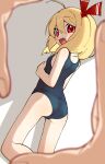  1girl ahoge black_swimsuit blonde_hair fang finger_frame grey_background hair_between_eyes hair_ribbon highres kneeling looking_at_viewer looking_back mei_mu one-piece_swimsuit open_mouth red_eyes red_ribbon ribbon rumia smile solo swimsuit touhou 